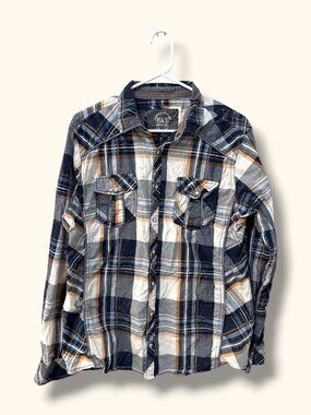 BKE Shirt Mens L Plaid Long Sleeve Western Snap Button 100% Cotton Blue Casual